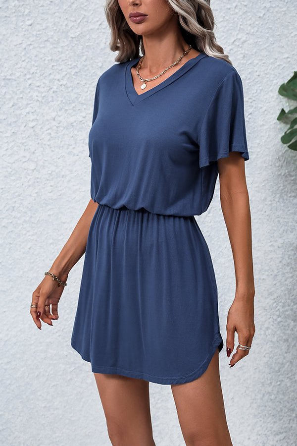 Solid Color V Neck Short Sleeve Casual Mini Dress - Image 5