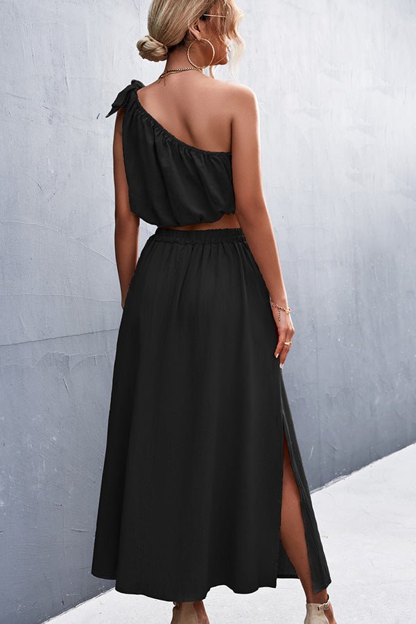 Solid Color Tie Shoulder Slid Two Pieces Dress - Image 4