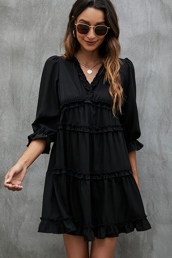 Solid Black and Ruffled V Neck Mini Dress - Image 4