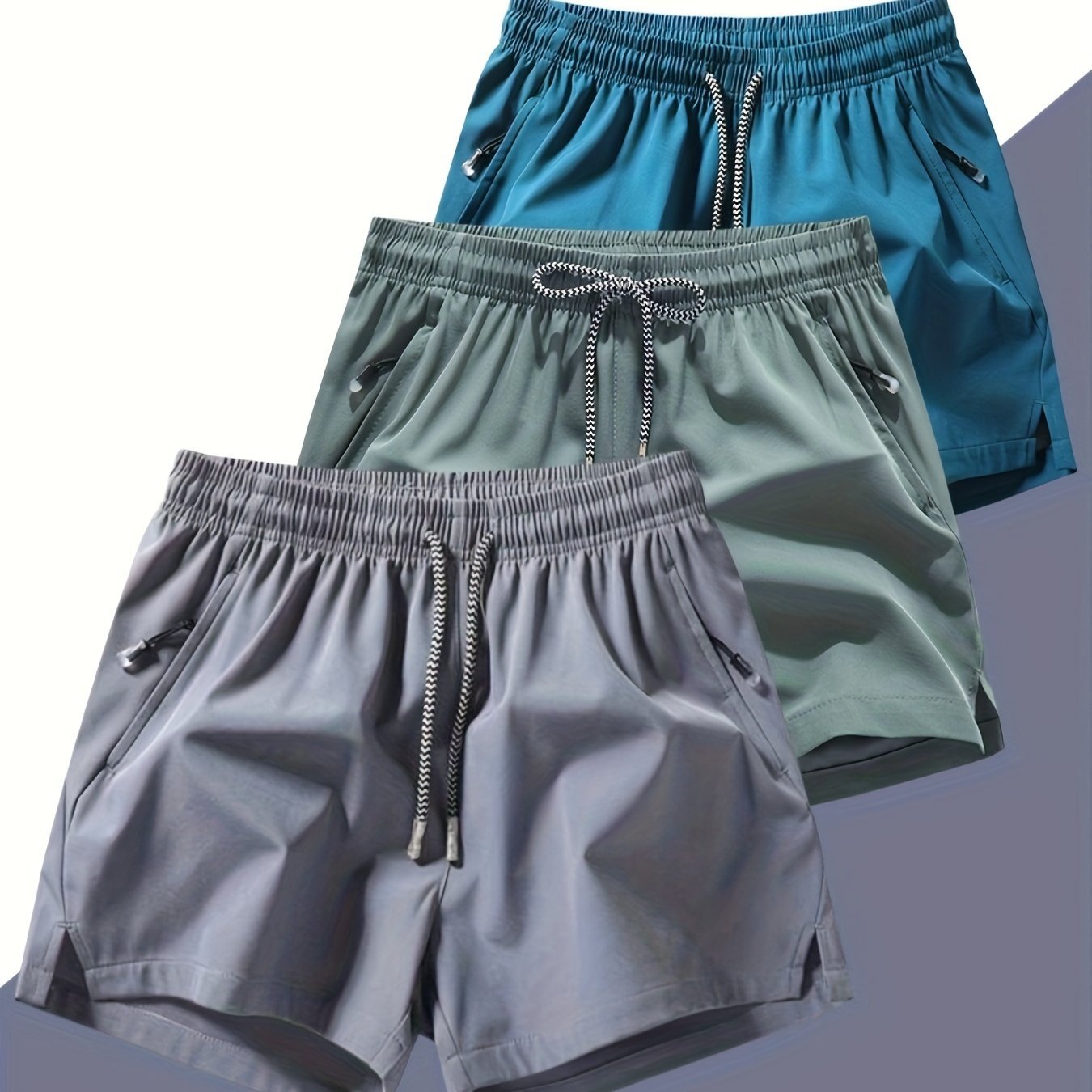 Men??s Three-piece Set Of Solid Color Shorts With Drawstring And Pockets, Casual And Comfy Shorts For Summer Fitness And Outdoors Activities - Image 4