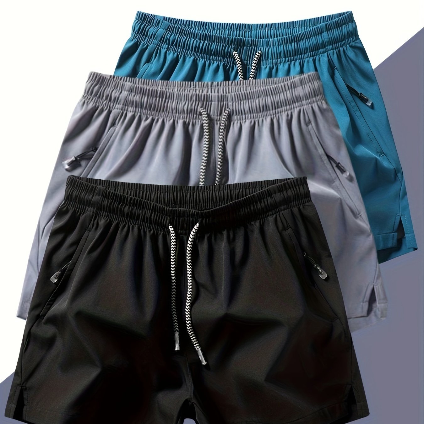 Men??s Three-piece Set Of Solid Color Shorts With Drawstring And Pockets, Casual And Comfy Shorts For Summer Fitness And Outdoors Activities - Image 5