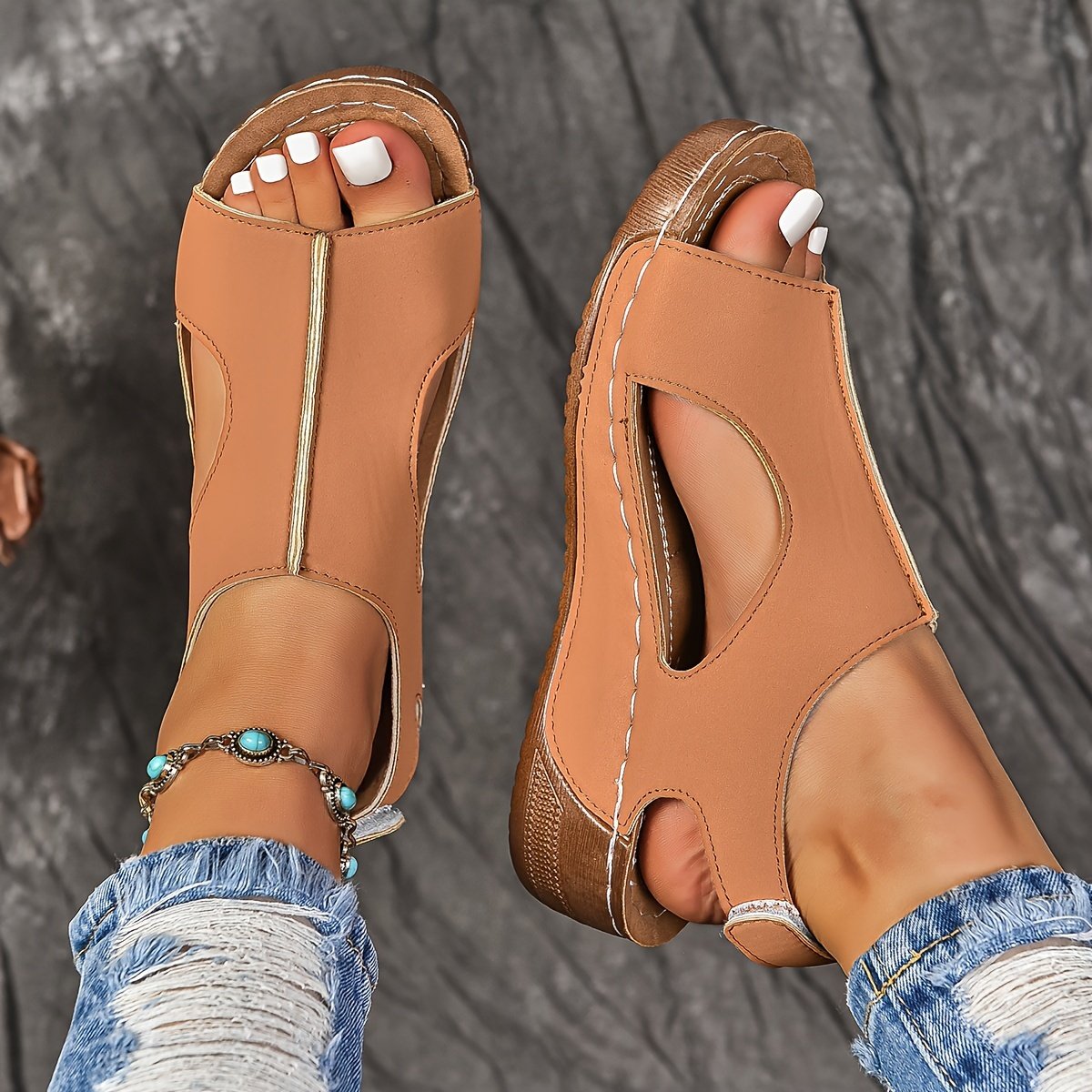 Women??s Solid Color Wedge Heeled Sandals, Casual Open Toe Platform Shoes, Comfortable Ankle Strap Sandals - Image 13