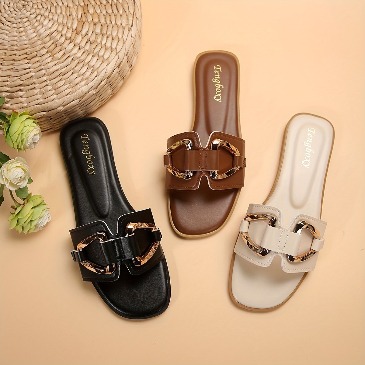 Women??s Metallic Buckle Decor Slides, Fashionable Square Open Toe Summer Shoes, Casual Beach Flat Slides - Image 4