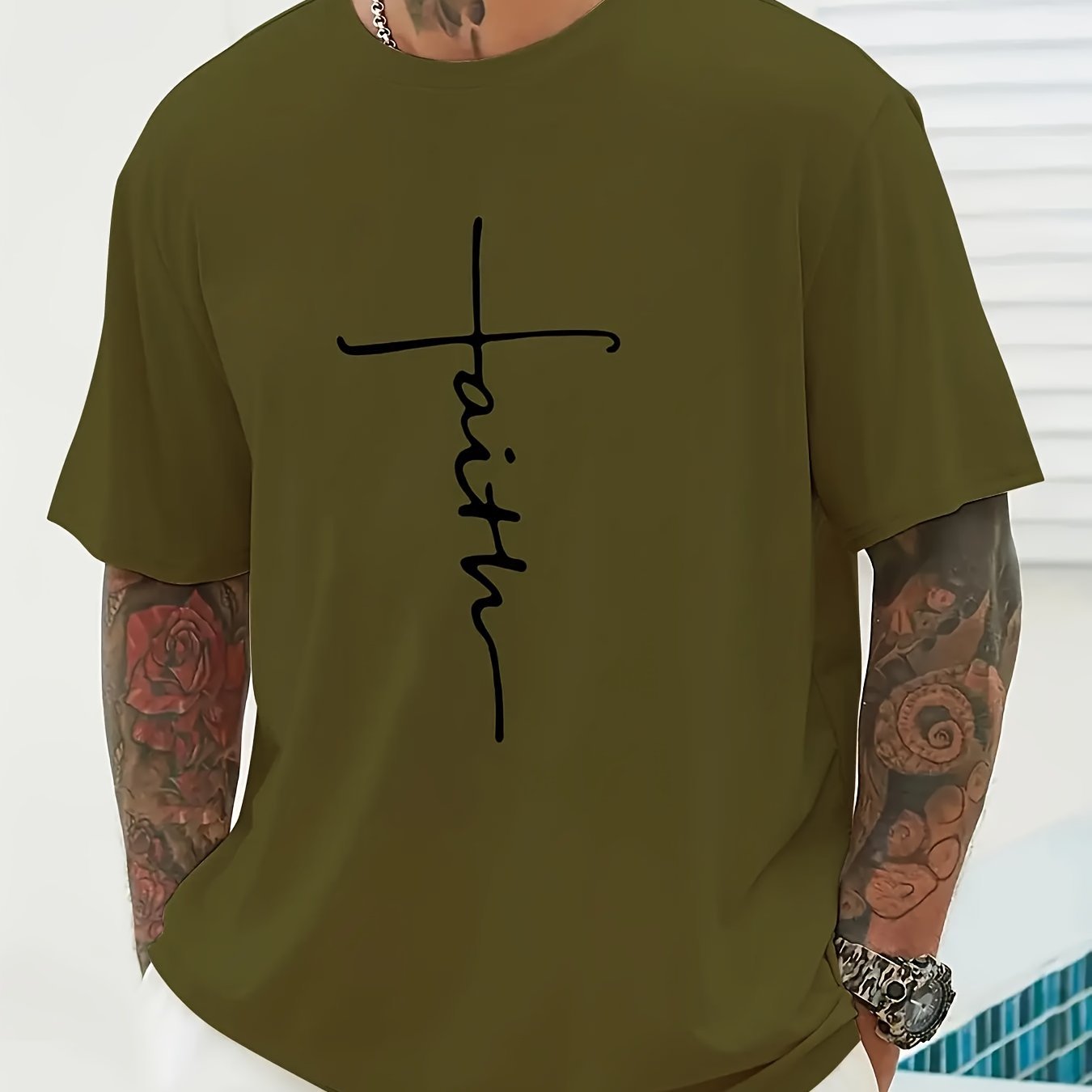 Faith Print Men??s Casual Loose Short Sleeve Crew Neck T-shirt, Summer Outdoor Street - Image 5