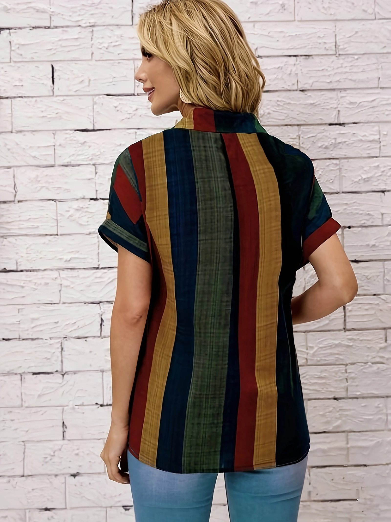 Striped Print Button Front Blouse, Vintage Short Sleeve Blouse For Spring & Summer, Women??s Clothing - Image 4