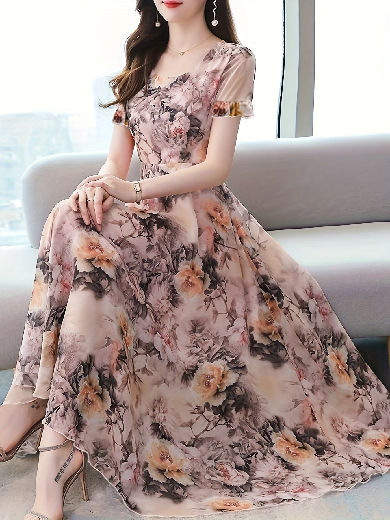 Floral Print Crew Neck Dress, Elegant Short Sleeve Dress For Spring & Summer, Women??s Clothing For Elegant Dressing