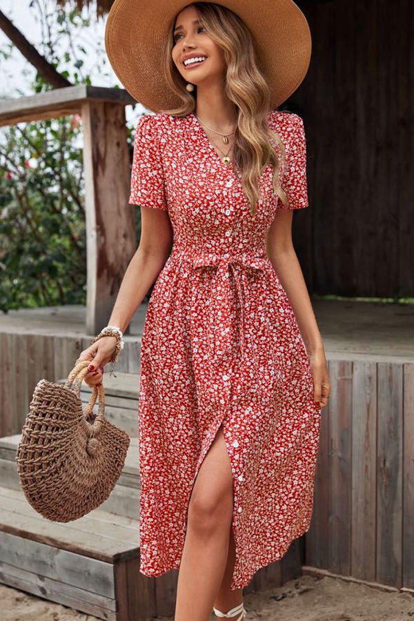 Tie Waist Floral Print V Neck Casual Dress - Image 4