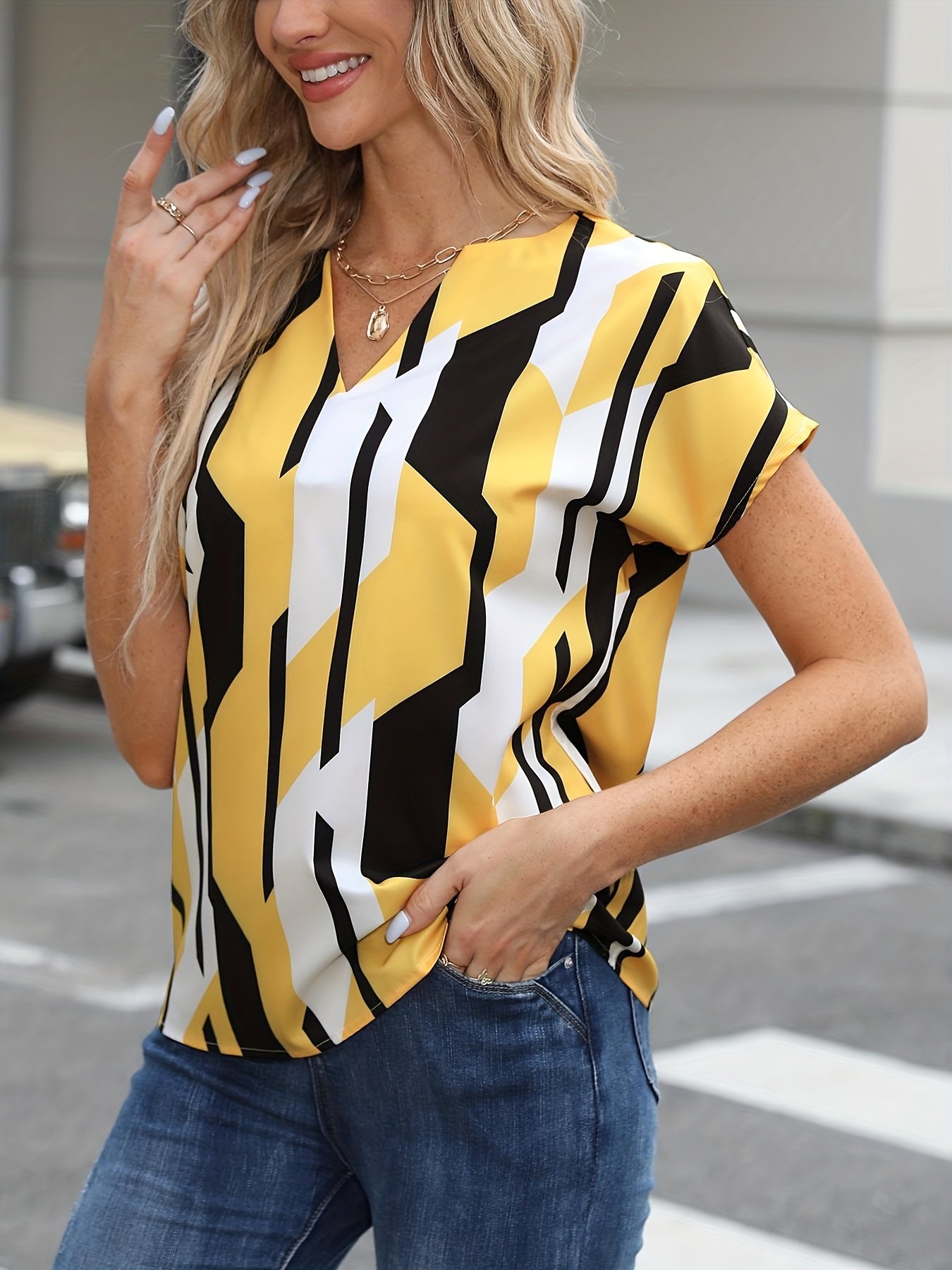 Color Block Graphic Print Blouse, Notched Neck Casual Short Sleeve Blouse, Women??s Clothing - Image 11