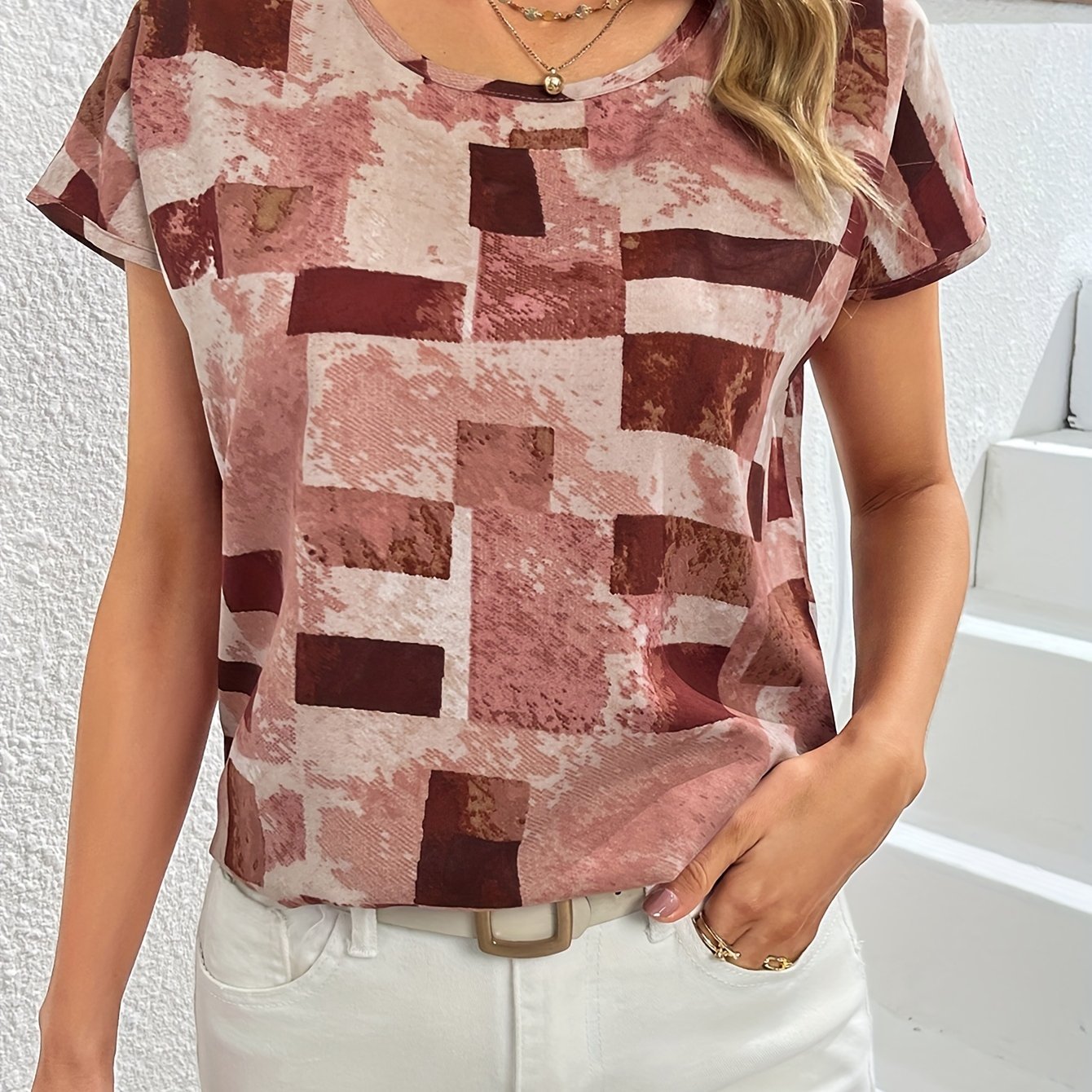 Geometric Print Blouse, Casual Crew Neck Short Sleeve Summer Blouse, Women??s Clothing - Image 3
