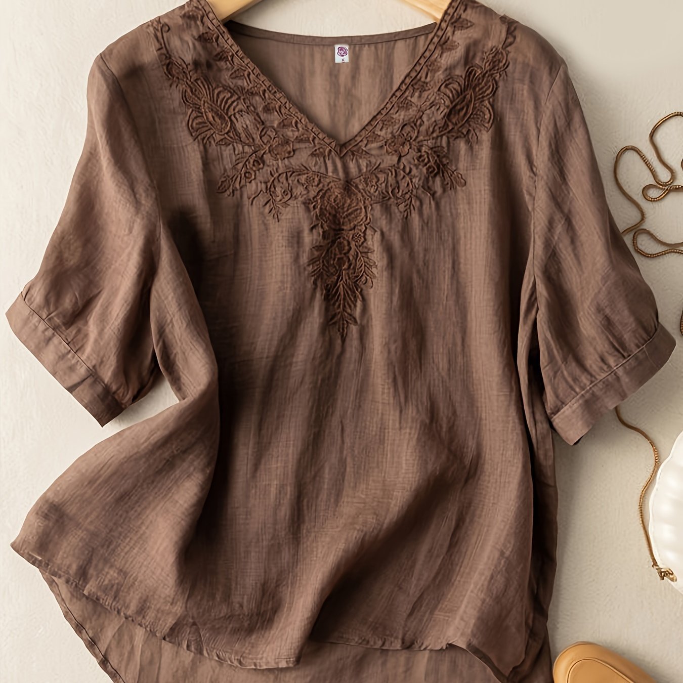 Floral Embroidery V Neck T-shirt, Vintage Half Sleeve Loose T-shirt For Spring & Summer, Women??s Clothing - Image 2