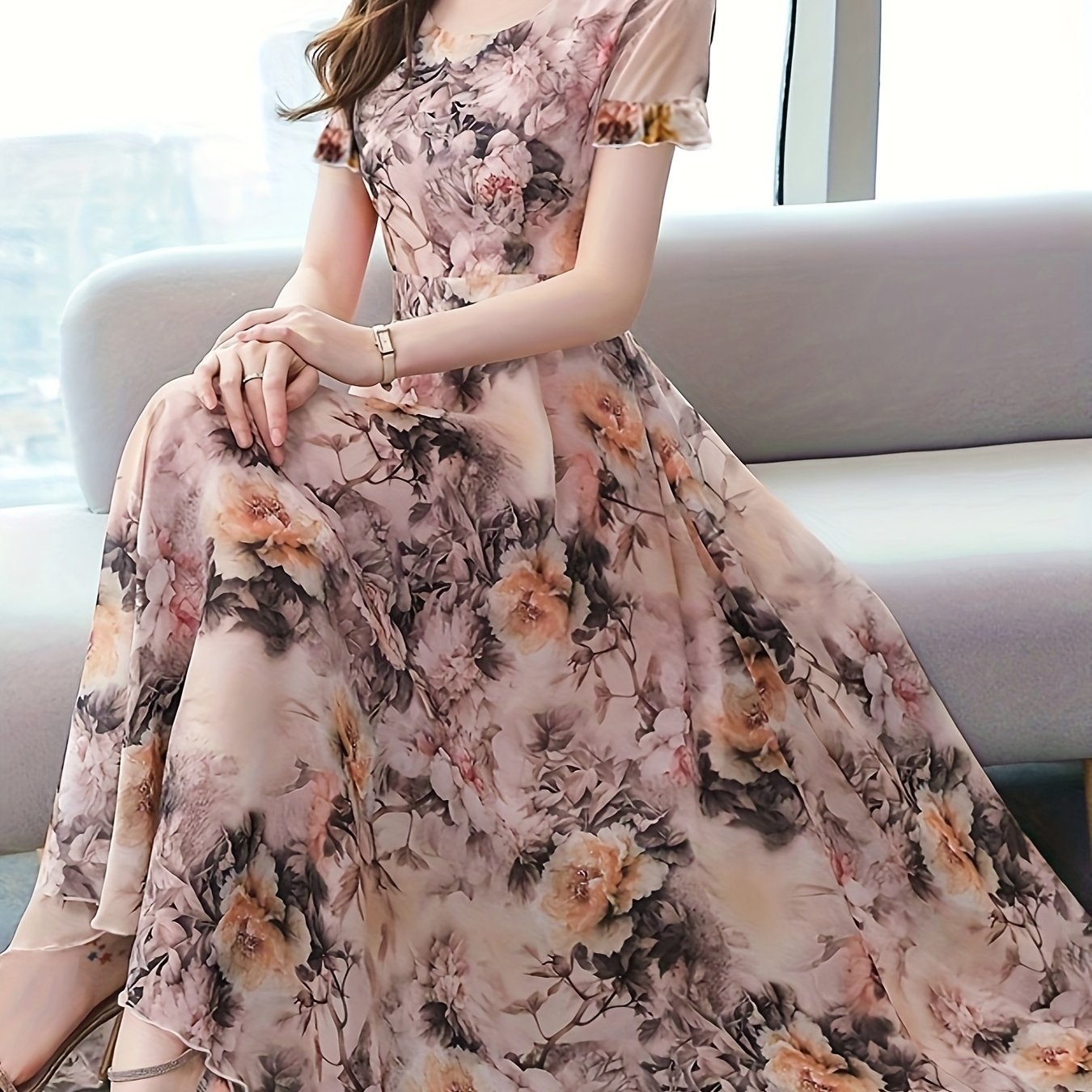 Floral Print Crew Neck Dress, Elegant Short Sleeve Dress For Spring & Summer, Women??s Clothing For Elegant Dressing - Image 4