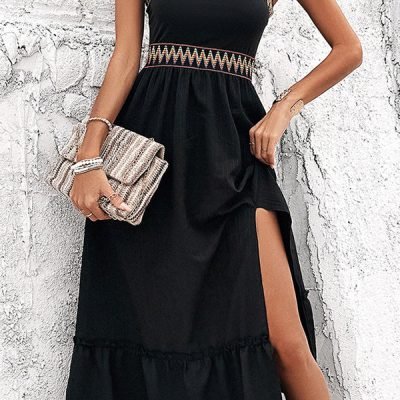 Solid Color Patchwork Side Slit Dress