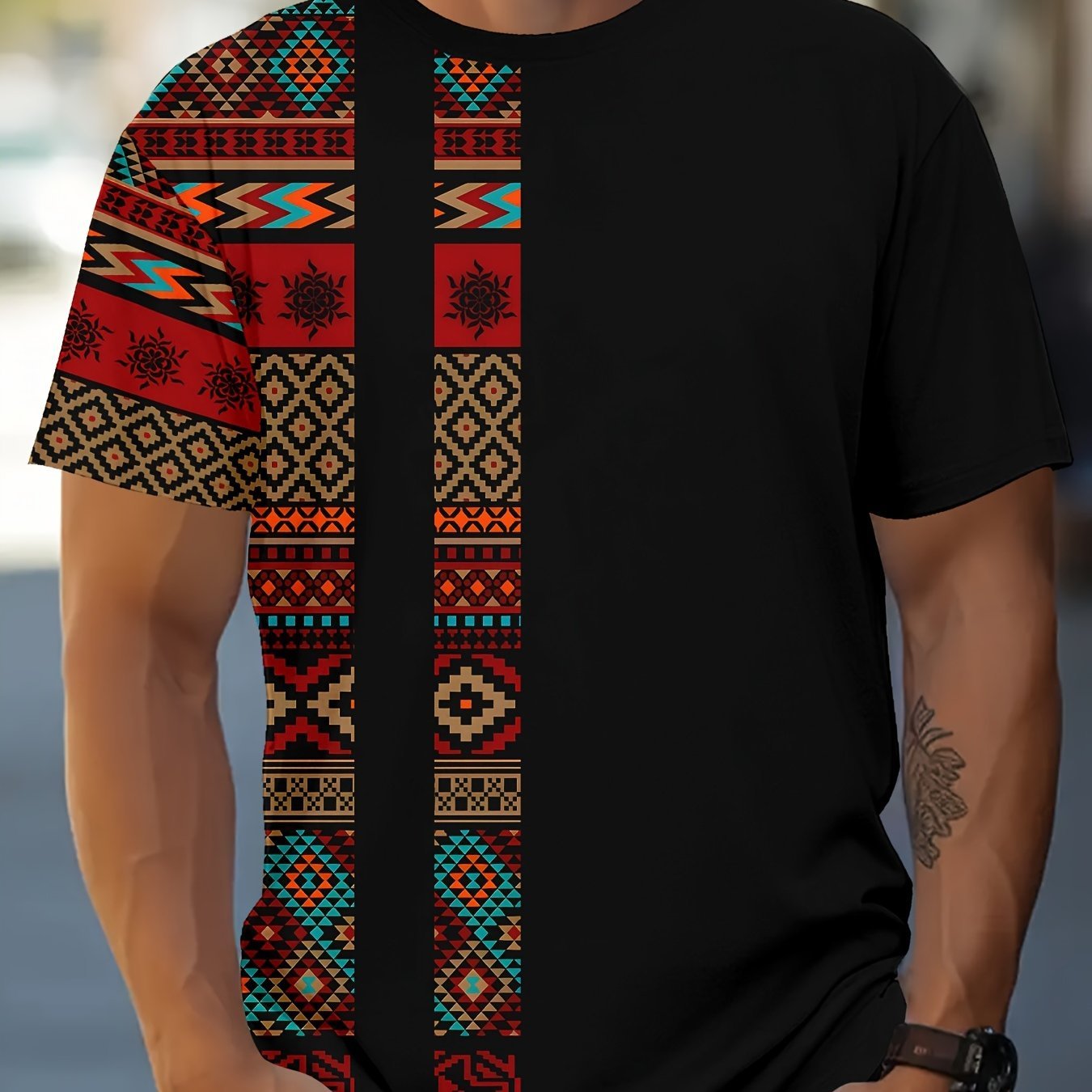 Men??s Ethnic Graphic Print T-shirt, Casual Short Sleeve Crew Neck Tee, Men??s Clothing For Summer Outdoor - Image 2
