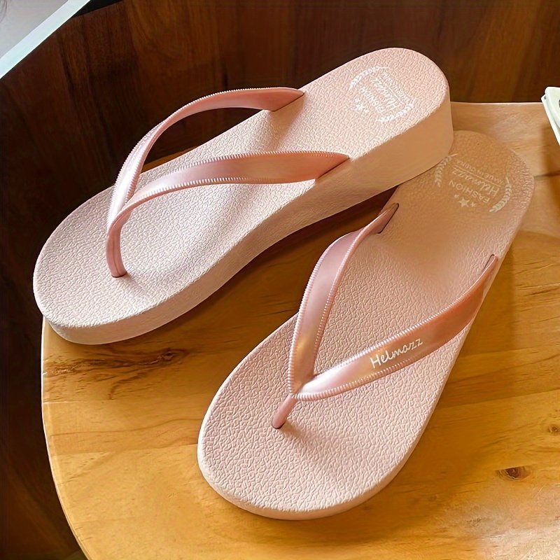 Women??s Summer Solid Color Wedge Flip Flops, Fashionable Slip On Lightweight Beach Slides, Non-Slip Durable Sole Slides - Image 4