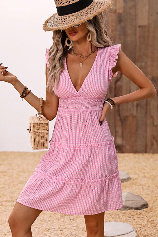 Plaid Print V Neck Frill Casual Dress - Image 3