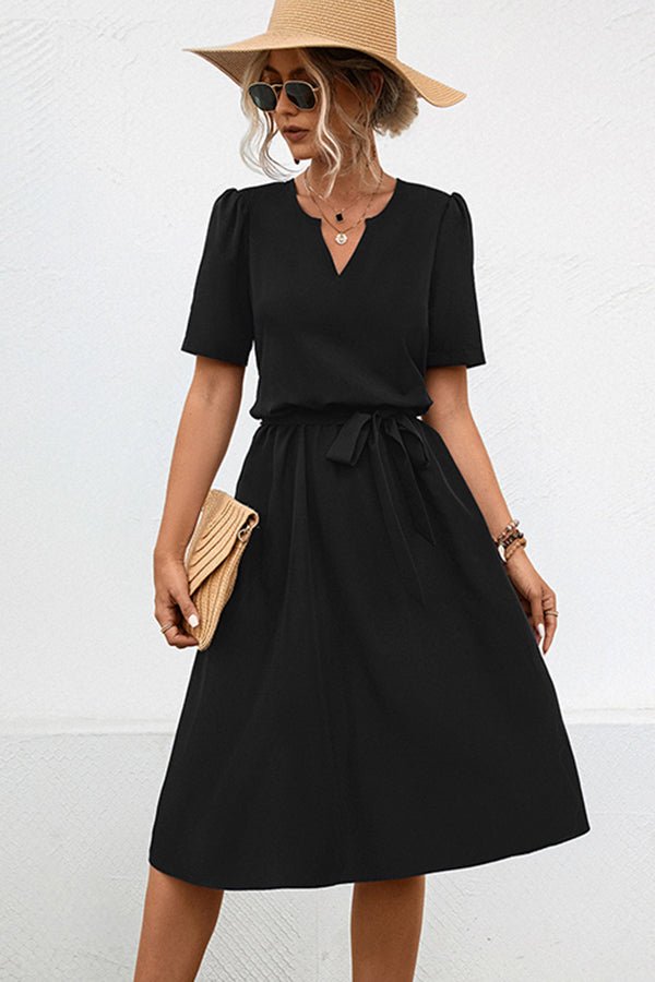 Solid Color V Neck Tie Waist Casual Dress
