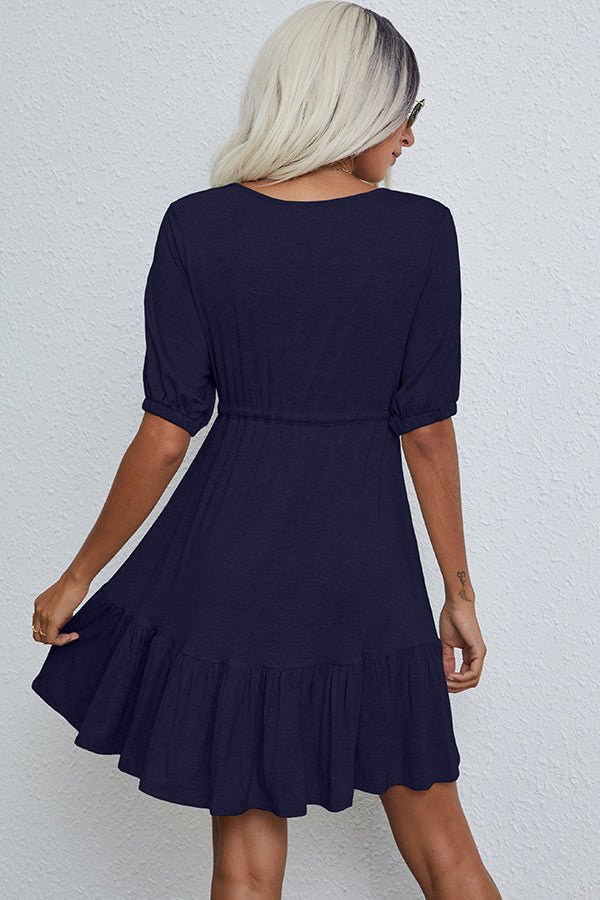 V Neck Drawstring Waist Solid Casual Mini Dress - Image 3