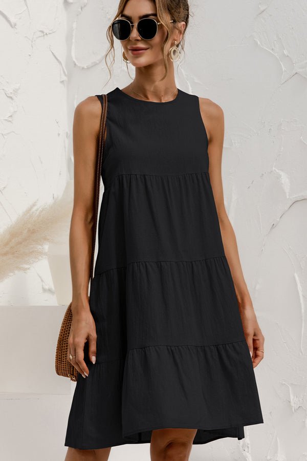 Round Neck Solid Ruched Sleeveless Mini Dress - Image 7
