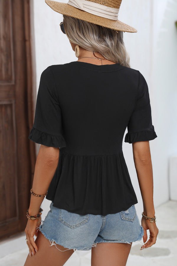 Solid Color Ruffle Sleeve Casual Tops - Image 5