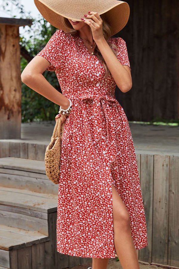 Tie Waist Floral Print V Neck Casual Dress - Image 2