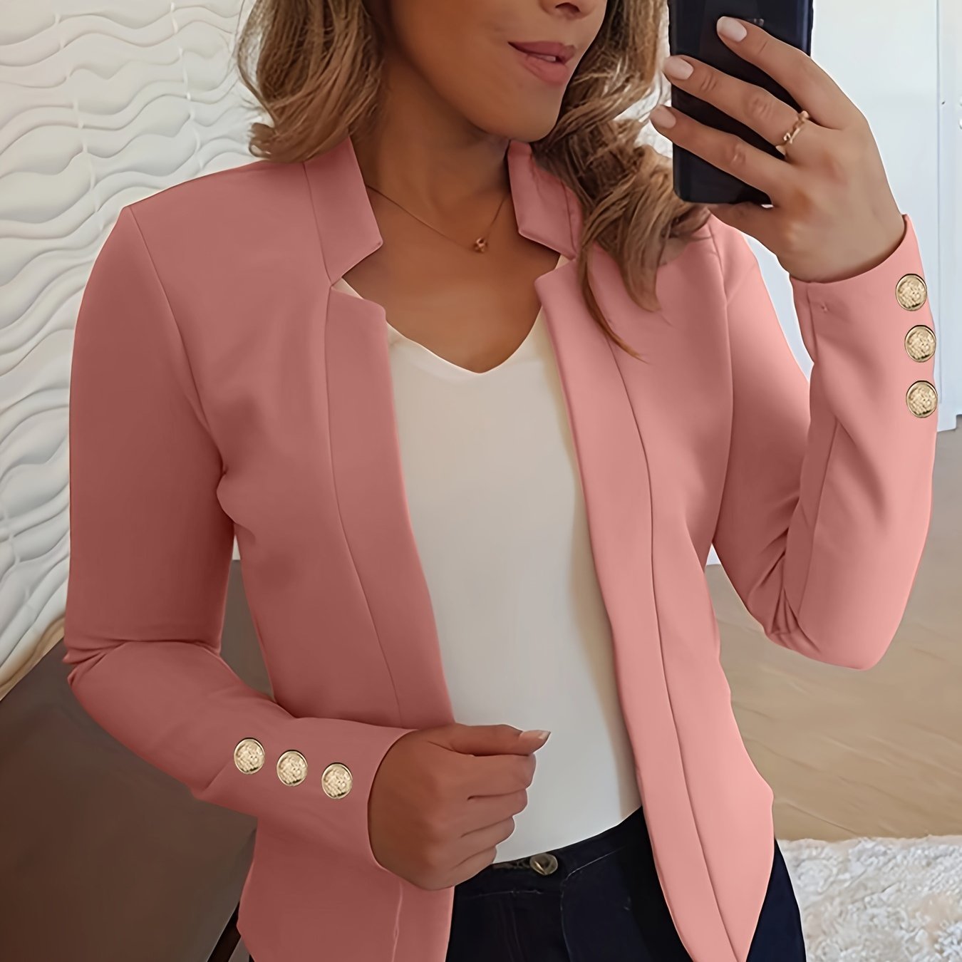 Solid Open Front Blazer, Casual Long Sleeve Button Blazer For Office & Work, Women??s Clothing - Image 5