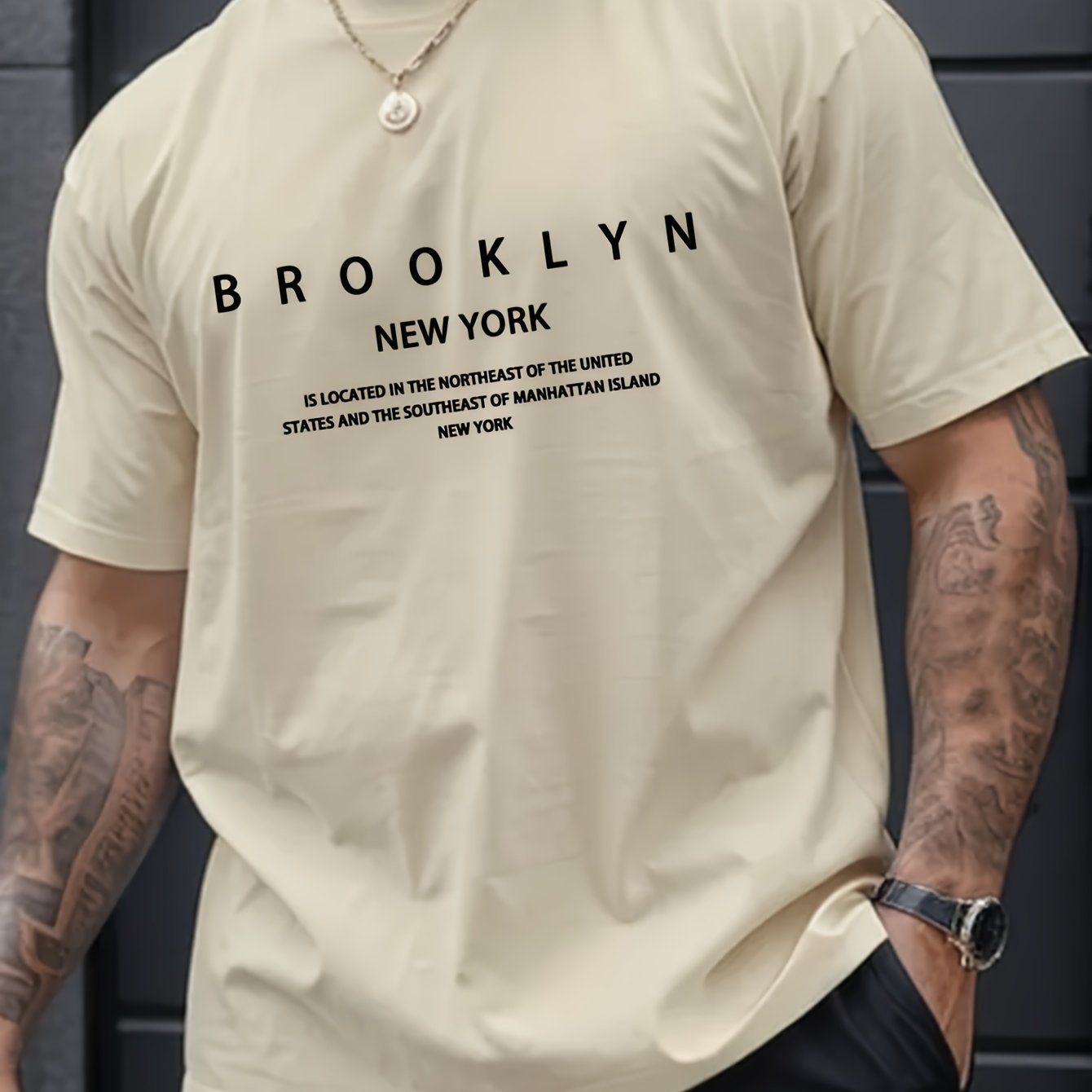 Brooklyn And New York Print Men??s Creative Top, Casual Short Sleeve Crew Neck T-shirt, Men??s Clothing For Summer Outdoor - Image 3