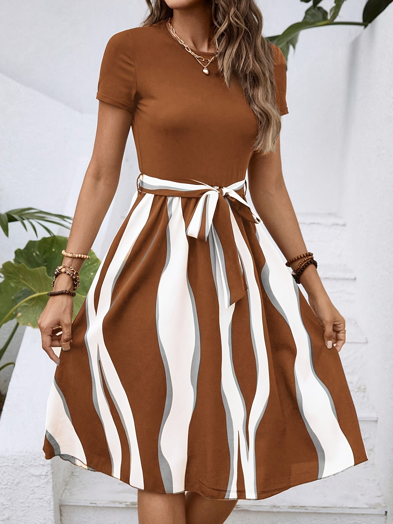 Striped Print Tie Waist Splicing Dress, Versatile Short Sleeve Dress For Spring & Summer, Women??s Clothing For Elegant Dressing - Image 11