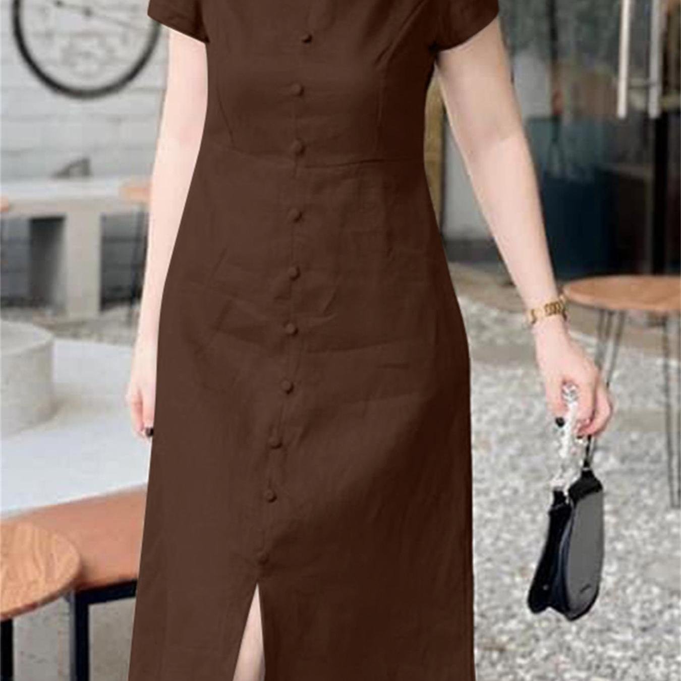 Solid Color Notched Neck Dress, Casual Short Sleeve Button Front Split Dress For Spring & Summer, Women??s Clothing - Image 2