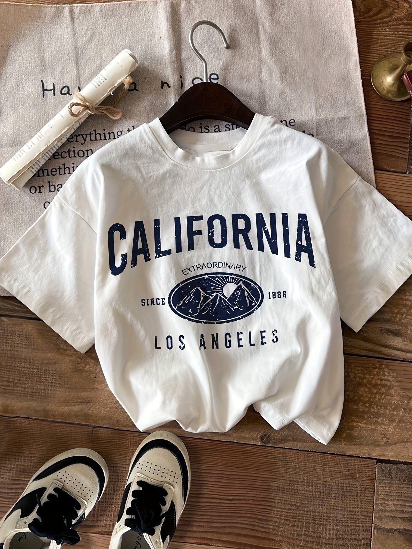 Letter & Mountain Print T-shirt, Short Sleeve Crew Neck Casual Top For Summer & Spring, Women??s Clothing