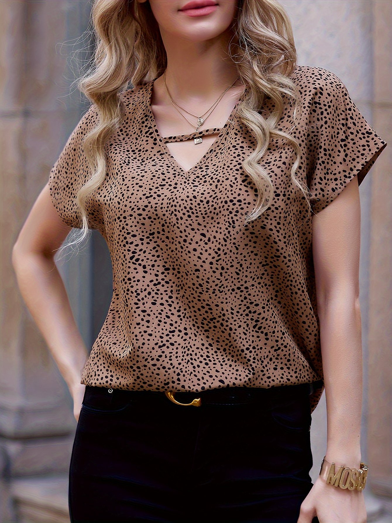 Dalmatian Print V Neck Blouse, Casual Short Sleeve Top For Spring & Summer, Women??s Clothing
