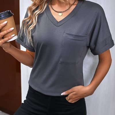 V Neck Short Sleeve Solid Casual Tops