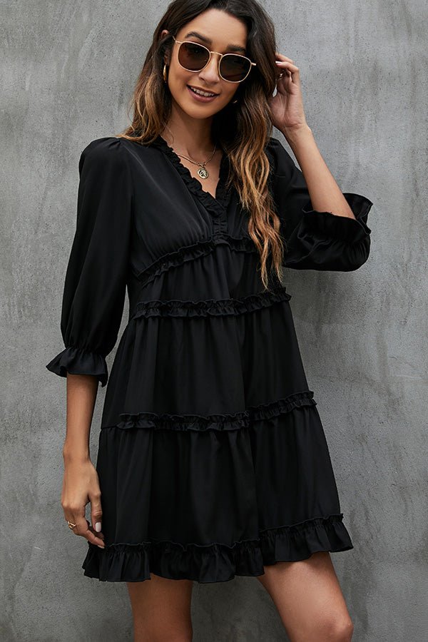 Solid Black and Ruffled V Neck Mini Dress - Image 3