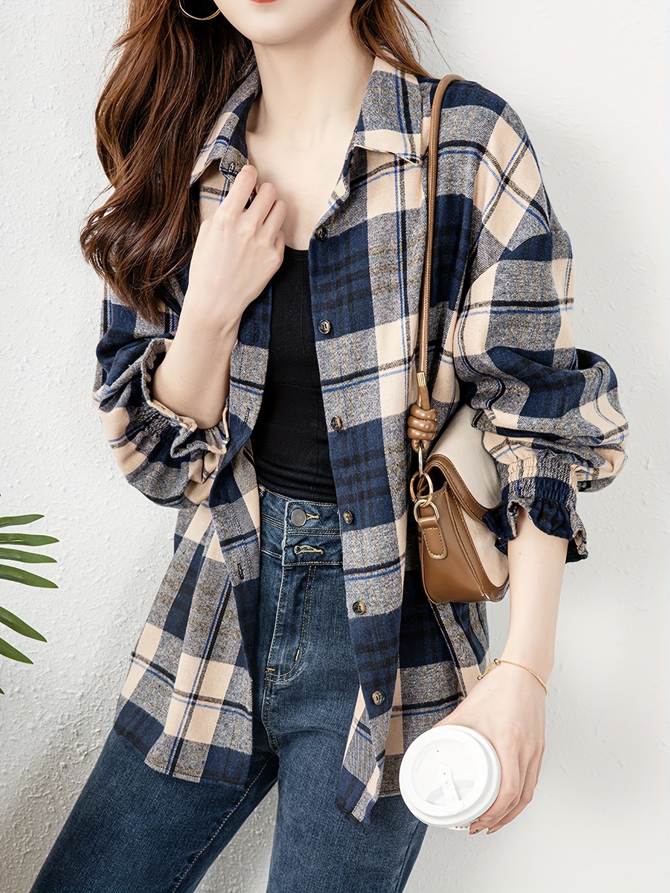 Plaid Print Button Front Blouse, Casual Long Sleeve Blouse For Spring & Fall, Women??s Clothing - Image 3