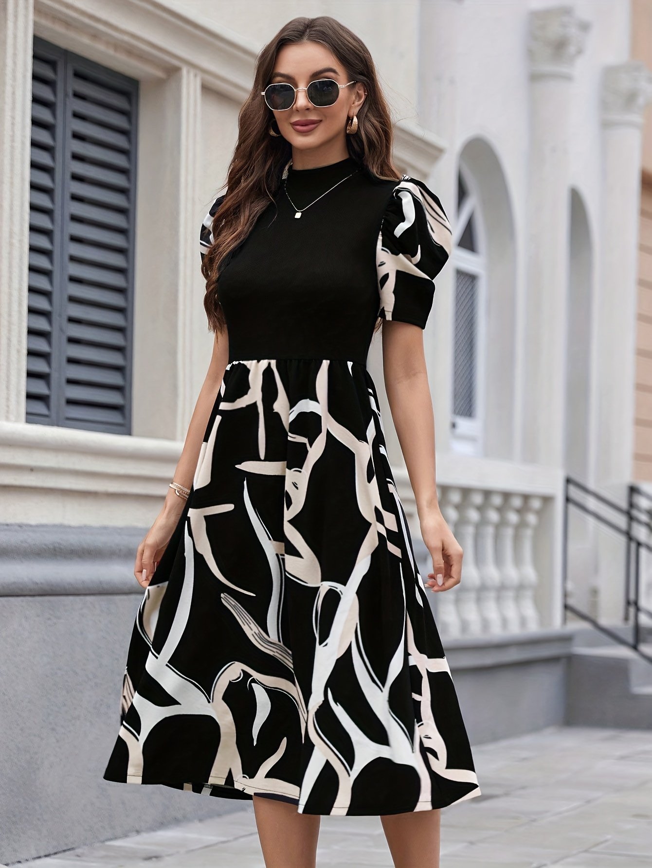 Graphic Print Mock Neck Dres, Elegant Short Sleeve A-line Dress For Spring & Summer, Women??s Clothing - Image 3