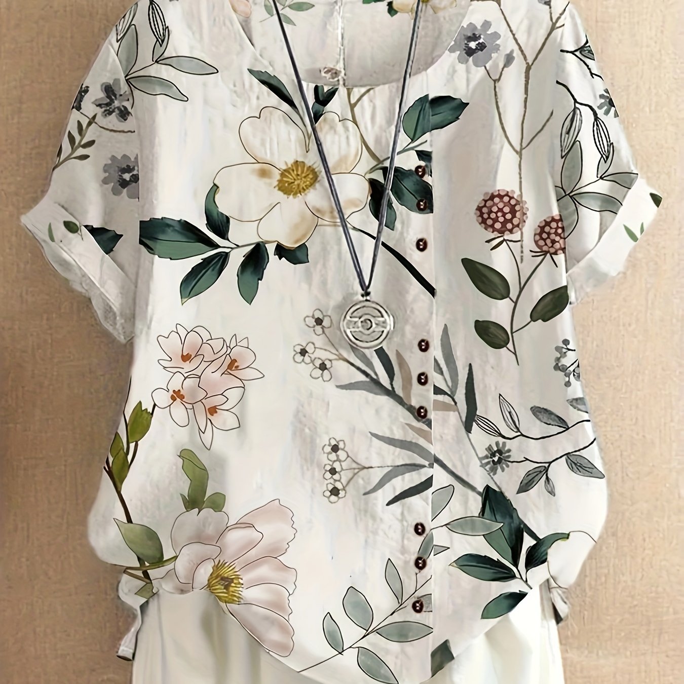Floral Print Crew Neck T-Shirt, Casual Short Sleeve T-Shirt For Spring & Summer, Women??s Clothing - Image 2