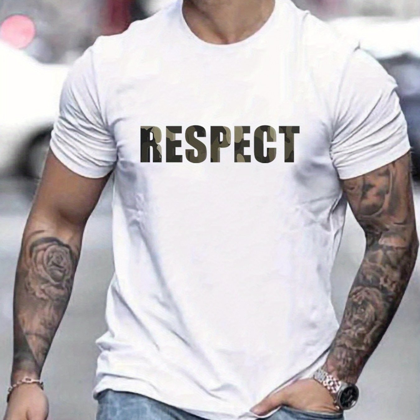 Letter RESPECT Pattern Print Men??s T-shirt, Graphic Tee Men??s Summer Clothes, Men??s Outfits - Image 6