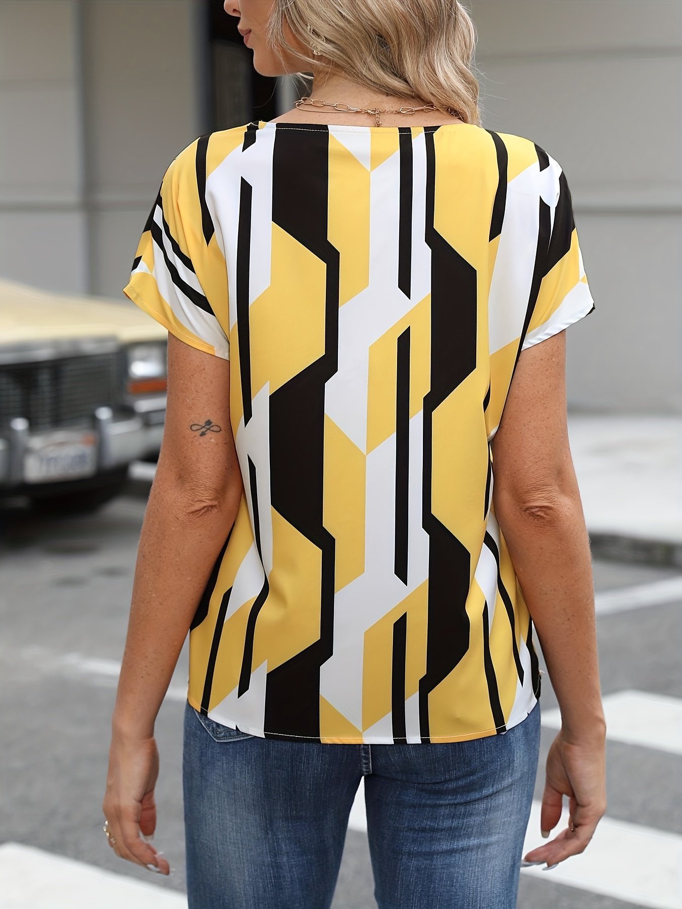 Color Block Graphic Print Blouse, Notched Neck Casual Short Sleeve Blouse, Women??s Clothing - Image 12