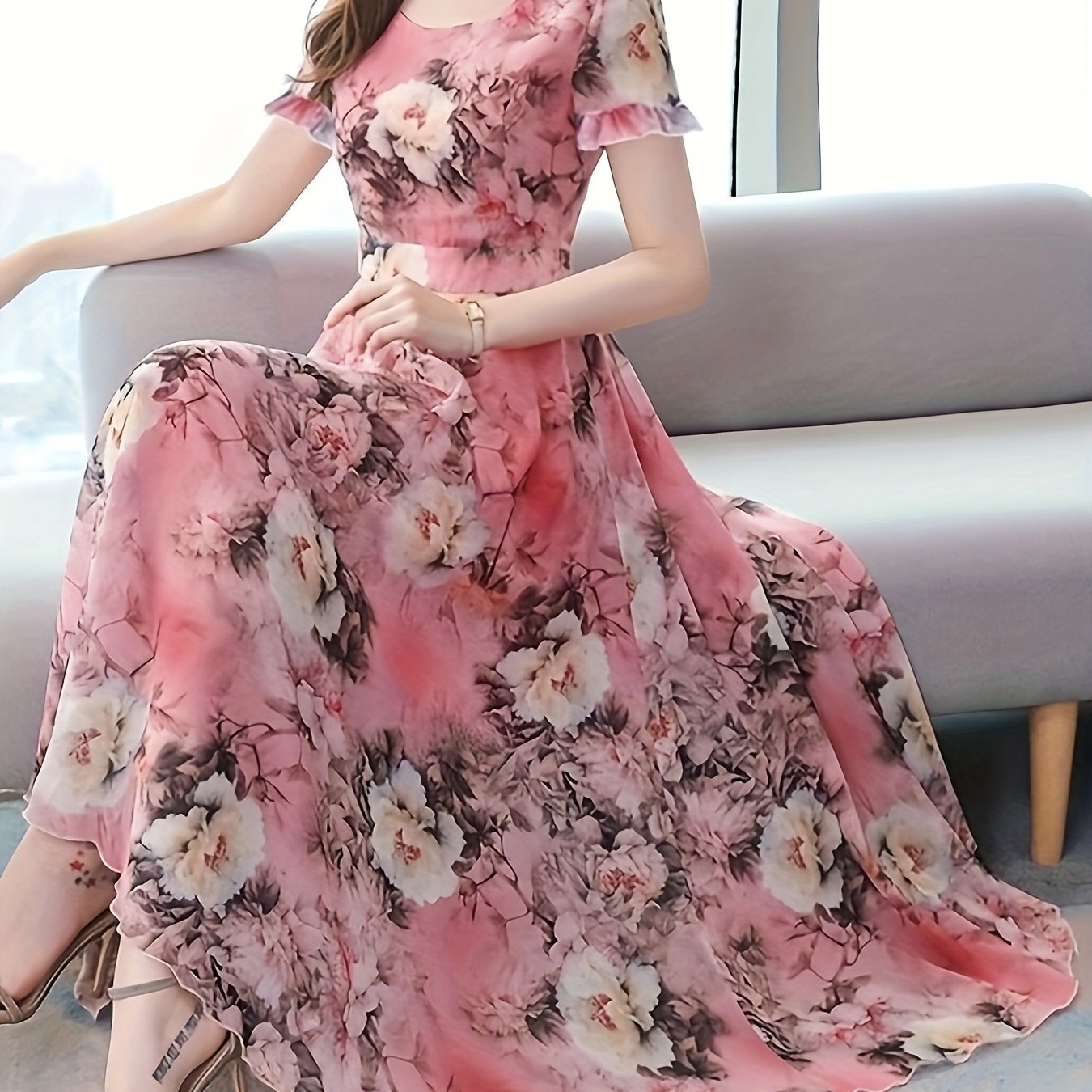 Floral Print Crew Neck Dress, Elegant Short Sleeve Dress For Spring & Summer, Women??s Clothing For Elegant Dressing - Image 2