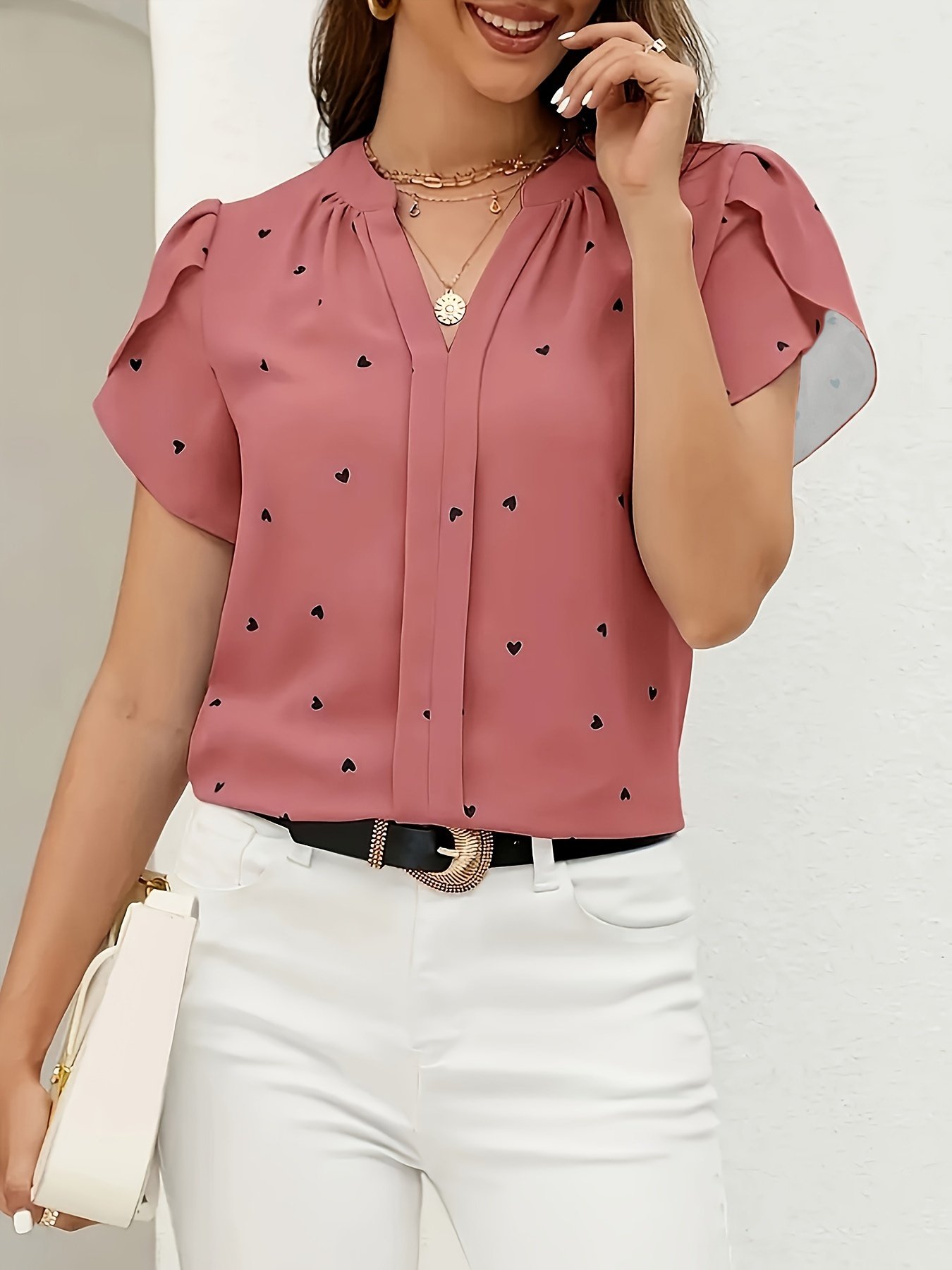 Heart Print V Neck Blouse, Casual Petal Sleeve Blouse For Spring & Summer, Women??s Clothing - Image 6