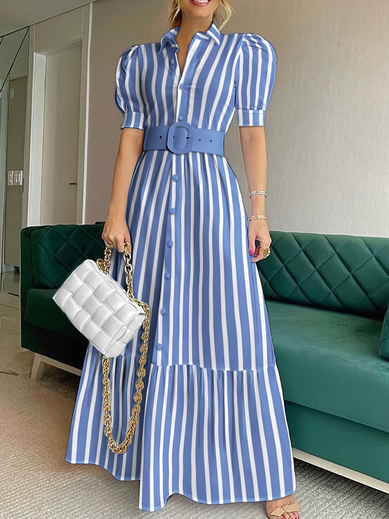 Elegant Striped Lace Up Long Dress, Short Sleeve V-neck Swing Belt Summer Long Dresses, Women??s Clothing