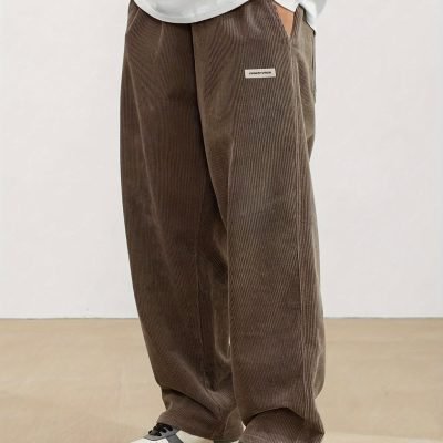 Men??s Loose-Fit Corduroy Casual Pants With Pockets In Solid Color, Breathable Straight-Leg Drawstring Trousers For Urban Streetwear And Outdoor Activities, Casual Style