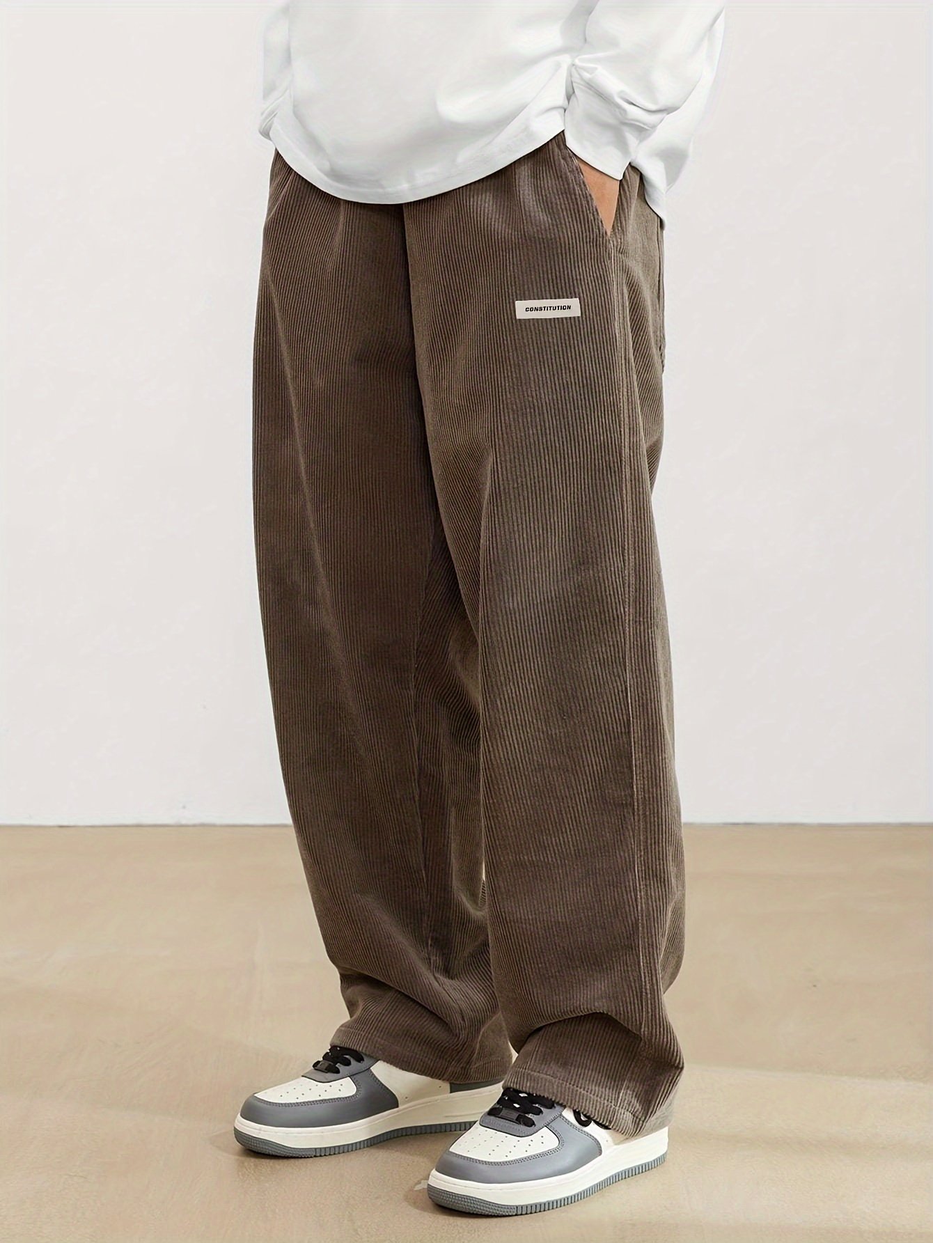 Men??s Loose-Fit Corduroy Casual Pants With Pockets In Solid Color, Breathable Straight-Leg Drawstring Trousers For Urban Streetwear And Outdoor Activities, Casual Style