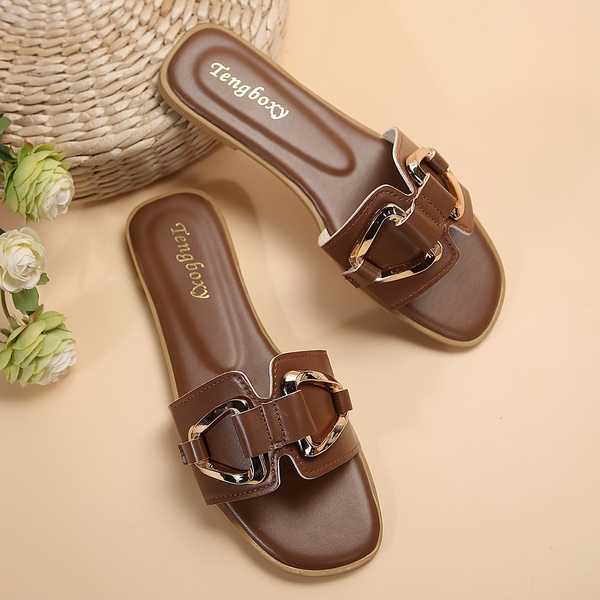 Women??s Metallic Buckle Decor Slides, Fashionable Square Open Toe Summer Shoes, Casual Beach Flat Slides - Image 6