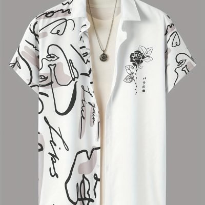 Abstract And Flower Pattern Men??s Fashionable And Simple Short Sleeve Button Casual Lapel Shirt, Trendy And Versatile, Suitable For Summer Dates, Beach Holiday, As Gifts, Men??s Clothing