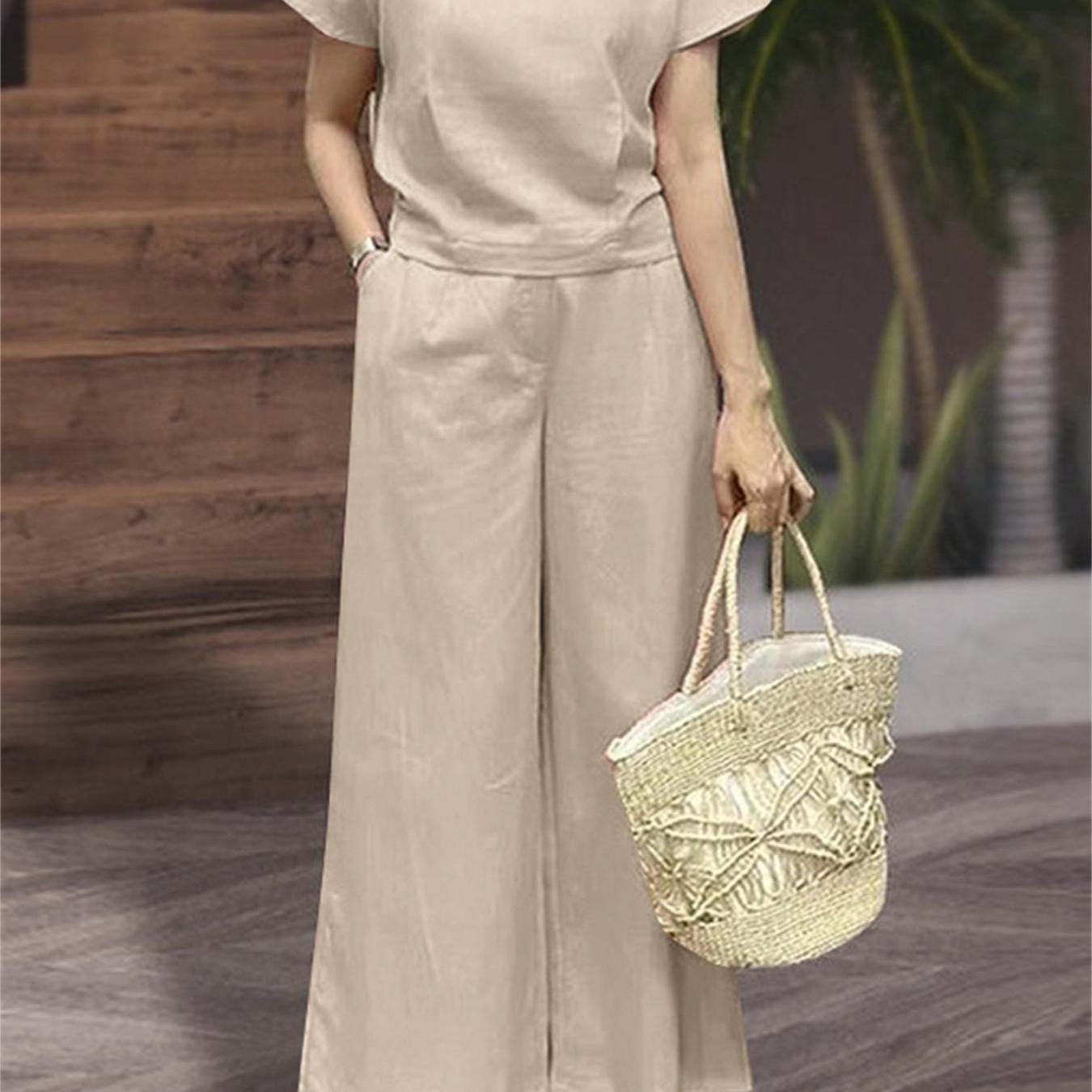 Loose Solid Color Two-piece, Crew Neck Short Sleeve T-shirt & Dual Pocket Pants Outfits, Women??s Clothing - Image 4