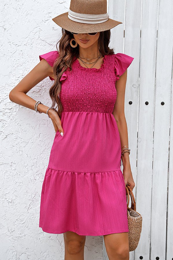Solid Smocked Round Neck Frill Casual Dress - Image 4