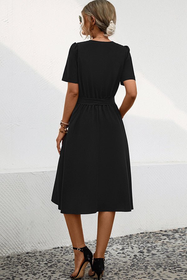 Solid Color V Neck Tie Waist Casual Dress - Image 5
