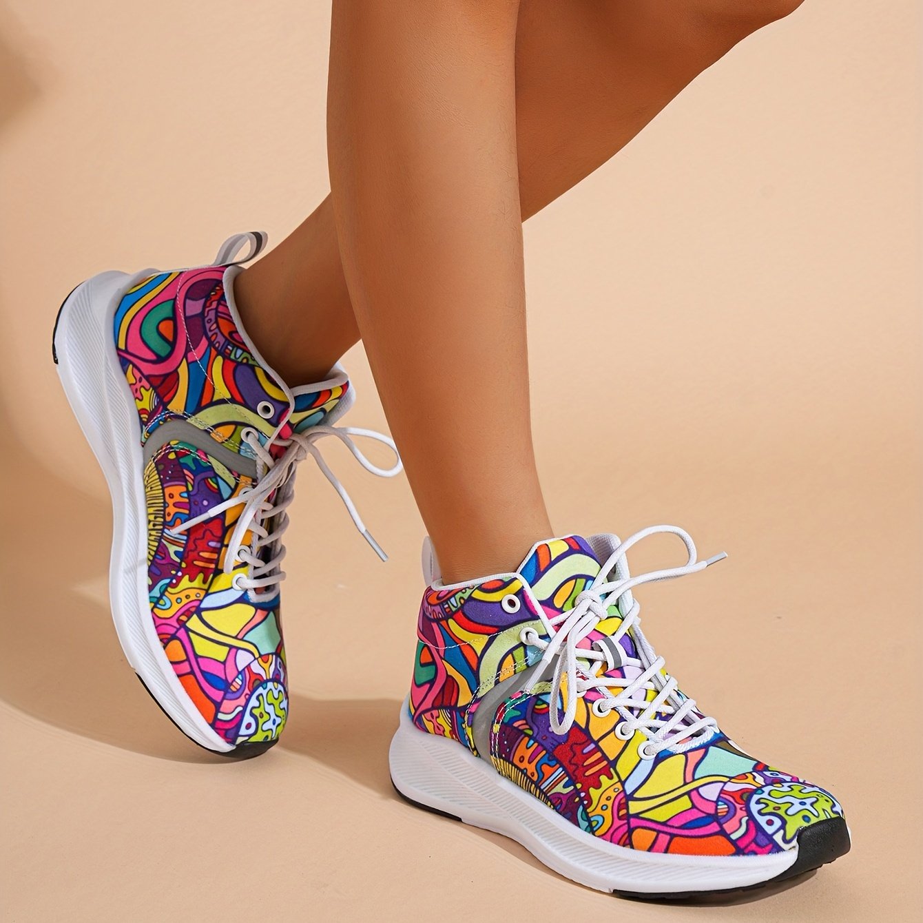 Women??s Graffiti Print High-Top Lace-Up Sneakers, Reflective Safety Straps Detail Sneakers, Women??s Footwear - Image 6