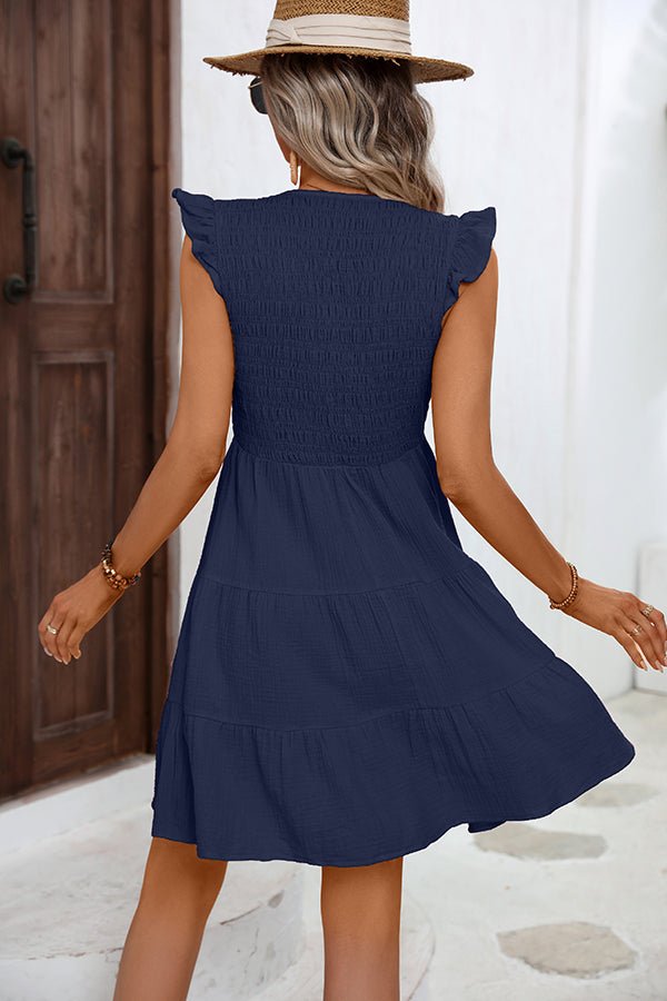 V Neck Solid Smocked Ruffle Hem Mini Dress - Image 5
