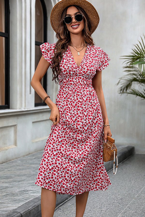 Floral Print V Neck Frill Casual Dress - Image 3